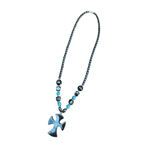Hematite Cross Necklace - Gray with Turquoise Accents - Picture 1 of 3